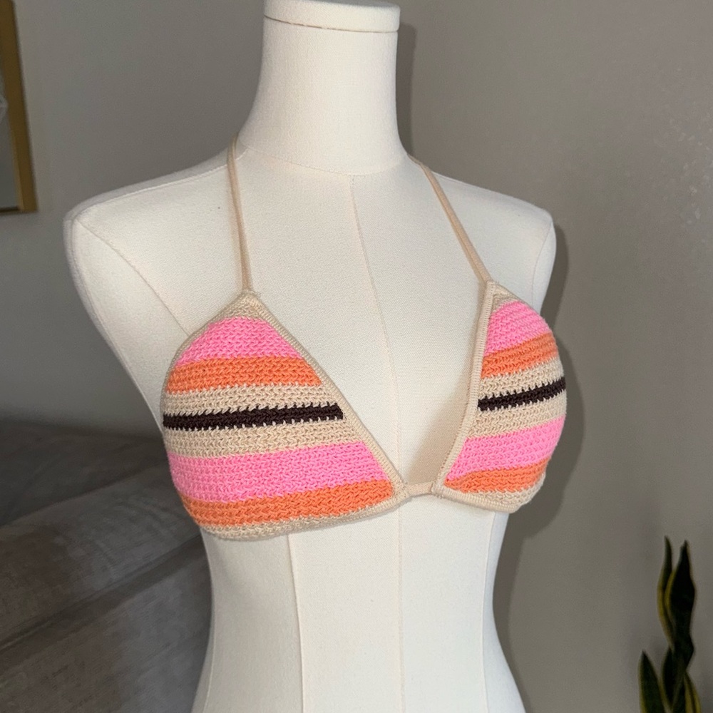 Crochet Top Lined Medium M Stripes Colorful Pink Vacation Boho festival Orange